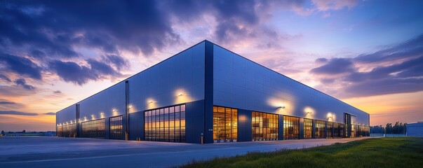 Modern Industrial Warehouse at Dusk with Illuminated Windows and Dynamic Cloudy Sky