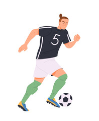 Soccer player. Fast male forward runs, kicks ball and scores goal. Man athlete plays in European football league. Sports and activity. Flat vector illustration isolated on white background