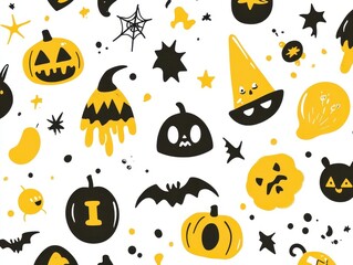 Fototapeta premium A Seamless Pattern Featuring Black and Yellow Halloween Icons