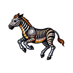 A futuristic zebra with metal stripes and hydraulic legs.