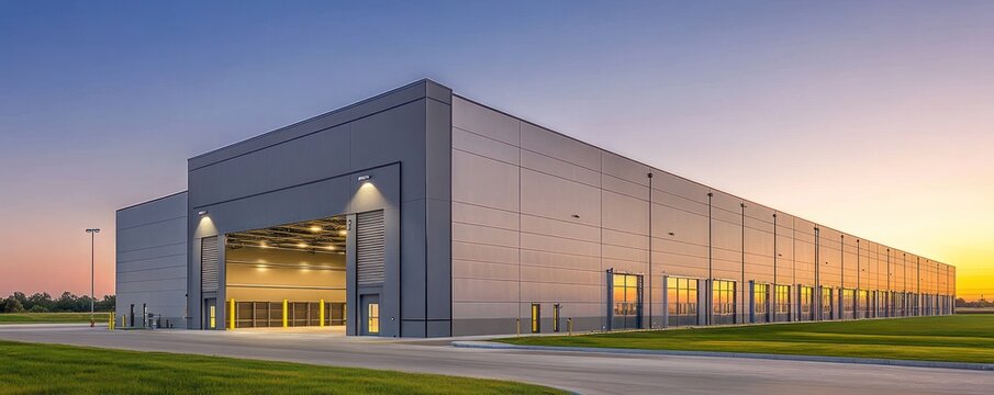 Modern Industrial Warehouse Building at Sunset with Open Loading Dock and Grass Surrounding