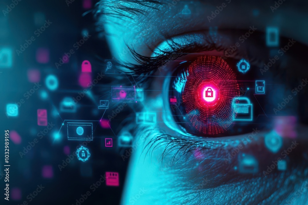 Aufkleber a closeup of a human eye with a glowing iris surrounded by layers of digital security symbols, repre