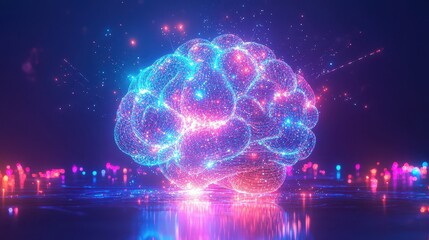 Fototapeta premium Neon Colored Rotating Digital Brain Visualization