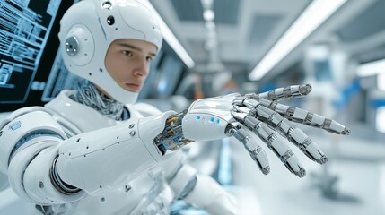 Cyborg robotic arm complex task high-tech laboratory advanced mechanics tools. AI generated