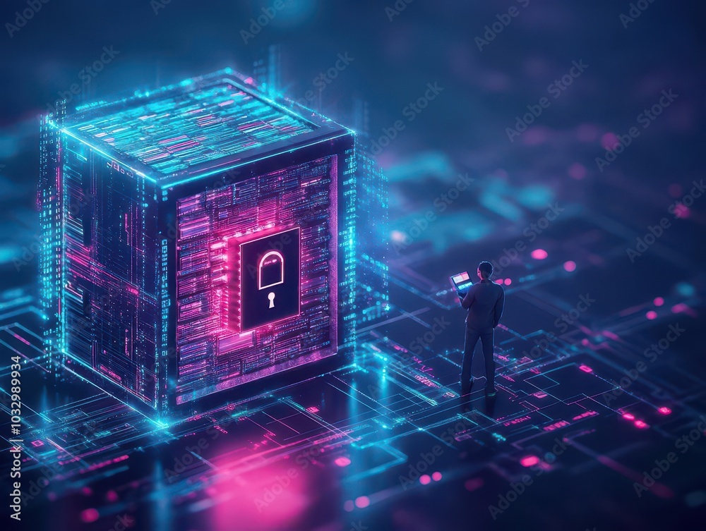 Poster A digital safe bursting with encrypted files, while a hacker stands outside confused by the multiple layers of glowing digital locks