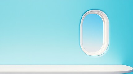 Minimalist silver-white tabletop with airplane window view, featuring soft clouds and bright sky. Clean, spacious background ideal for high-tech, beauty product presentations and advertising mockups.
