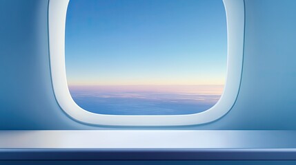 Minimalist silver-white tabletop with airplane window view, featuring soft clouds and bright sky. Clean, spacious background ideal for high-tech, beauty product presentations and advertising mockups.
