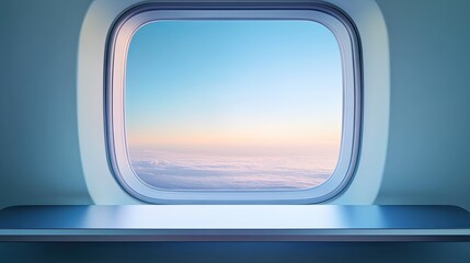 Minimalist silver-white tabletop with airplane window view, featuring soft clouds and bright sky. Clean, spacious background ideal for high-tech, beauty product presentations and advertising mockups.
