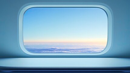 Minimalist silver-white tabletop with airplane window view, featuring soft clouds and bright sky. Clean, spacious background ideal for high-tech, beauty product presentations and advertising mockups.
