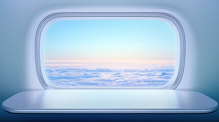 Fototapeta premium Minimalist silver-white tabletop with airplane window view, featuring soft clouds and bright sky. Clean, spacious background ideal for high-tech, beauty product presentations and advertising mockups. 