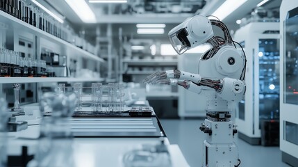 Cyborg robotic arm complex task high-tech laboratory advanced mechanics tools. AI generated