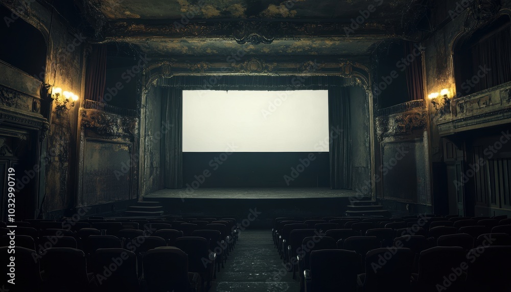 Poster a dimly lit, abandoned theater with empty seats and a blank projection screen