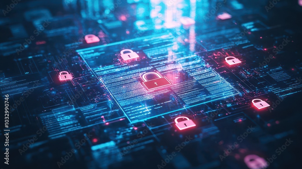 Aufkleber A glowing privacy policy document with digital padlocks surrounding it, while a hacker tries to break in but is blocked by security layers