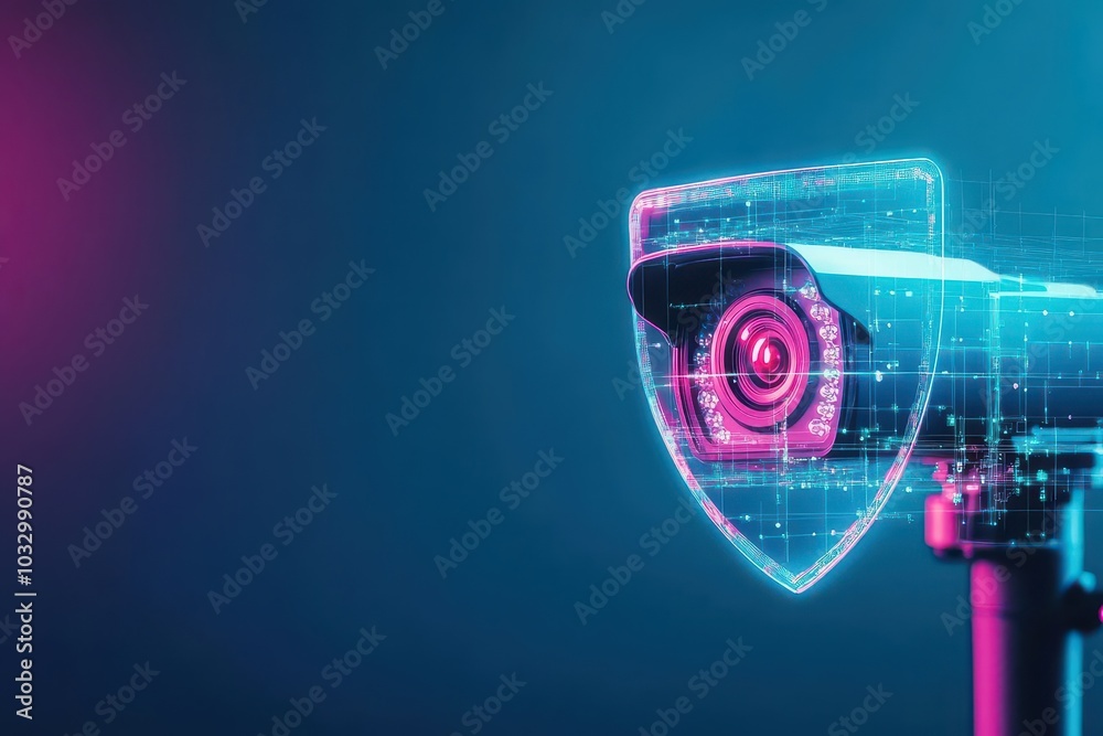 Poster a glowing security camera with a privacy shield hovering over it, representing protection against un