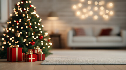 A beautifully decorated Christmas tree with sparkling lights and presents arranged underneath, creating a cozy and festive holiday atmosphere.