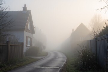 a street with a house and a street lamp in the fog.