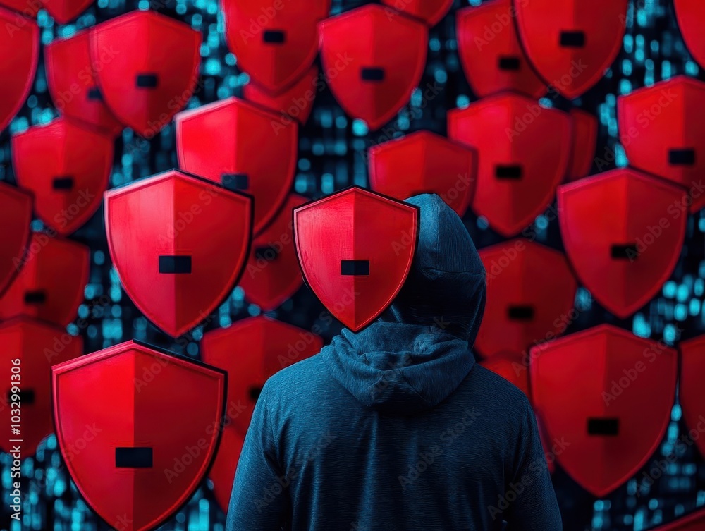 Poster A hacker surrounded by layers of red access denied shields, as encrypted personal data flows past them untouched