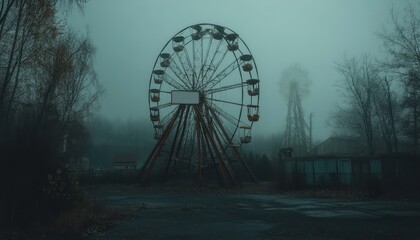 A Lonely Ferris Wheel in a Foggy Amusement Park