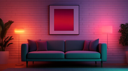 A modern living room featuring a stylish turquoise sofa, colorful lighting, and a minimalist art frame on a white brick wall.