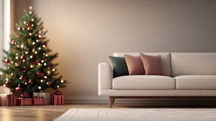 Cozy holiday living room with a beautifully decorated Christmas tree, elegant sofa, and festive decorations creating a warm atmosphere.