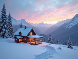 Fototapeta premium A cozy cabin in a snowy mountain landscape at sunrise