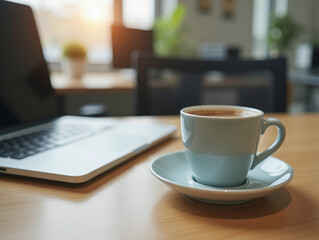 Fototapeta premium A cup of tea next to a laptop on a table in office.