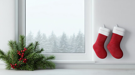 Cozy winter scene featuring red Christmas stockings hung by a snowy window, complemented by festive greenery for a warm holiday atmosphere.