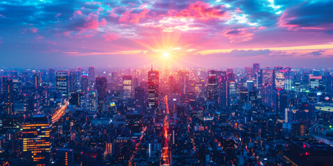 Fototapeta premium Vibrant urban sunset skyline of a bustling cityscape. Blurring images