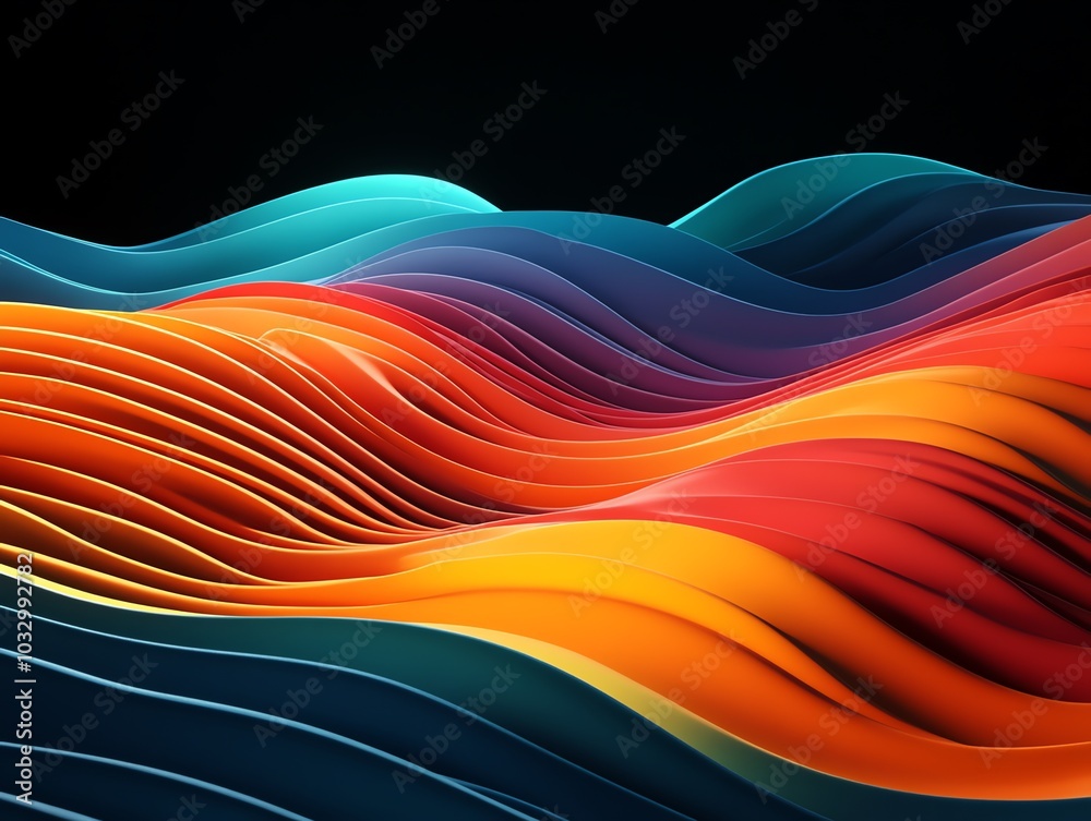 Poster abstract wavy background with vibrant colors and 3d shapes on a black backdrop.
