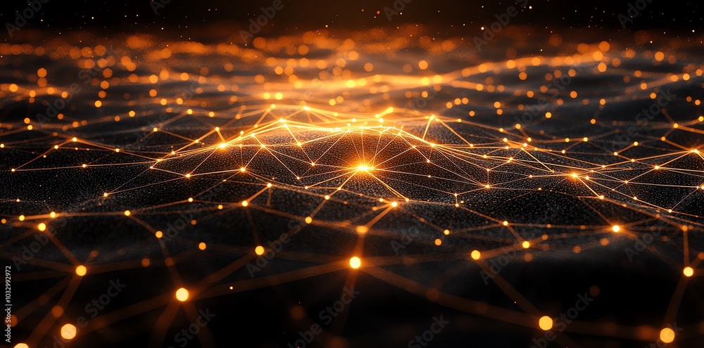 Poster Abstract digital network with glowing points connected by lines and a dark background.