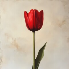 A single red tulip standing tall, its petals smooth and elegant