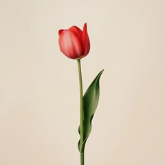 A single red tulip standing tall, its petals smooth and elegant