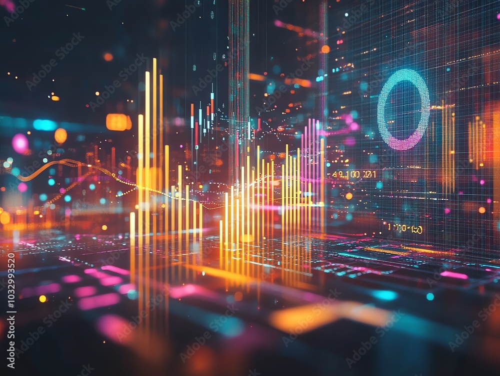 Poster Abstract digital background with glowing lines, data and charts.