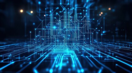 Obraz premium Abstract digital circuits, glowing blue lines, seamless tech patterns, futuristic design, dark backdrop