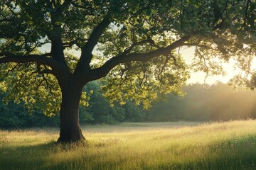 Fototapeta premium A solitary ancient tree in a serene meadow, its branches creating a wide, protective shade