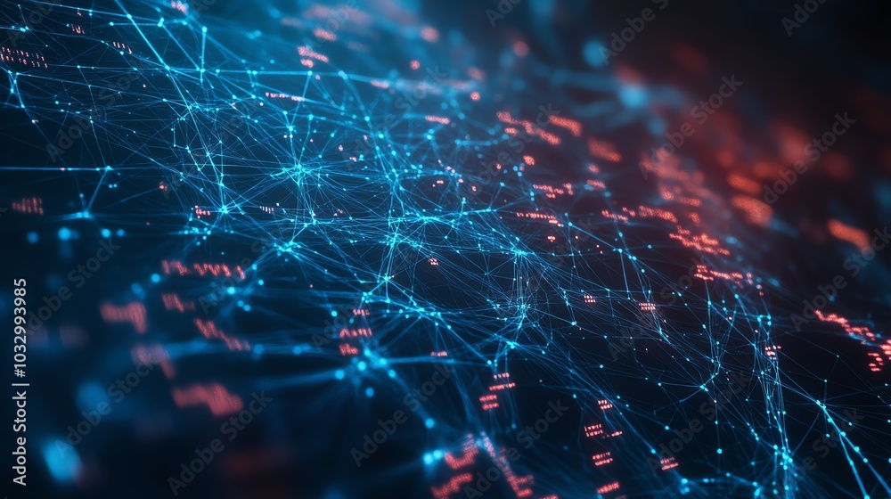 Poster abstract digital network with blue and red glowing lines and dots.