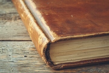 Close-up of a Worn Leather-Bound Book on a Wooden Surface