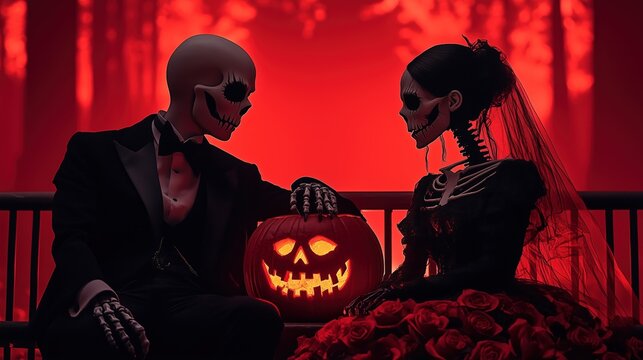 Elegant Skeleton Couple in Halloween Costumes with Jack-O&rsquo;-Lantern in Dark Forest, Gothic Wedding Theme, Romantic Spooky Halloween Scene
