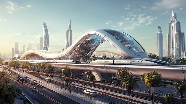 Futuristic transportation hub with hyperloop