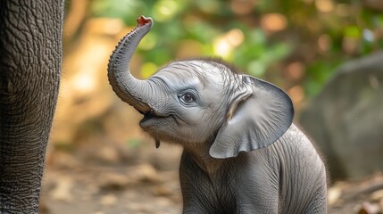 A tiny baby elephant standing next to its mother, curiously reaching out with its trunk