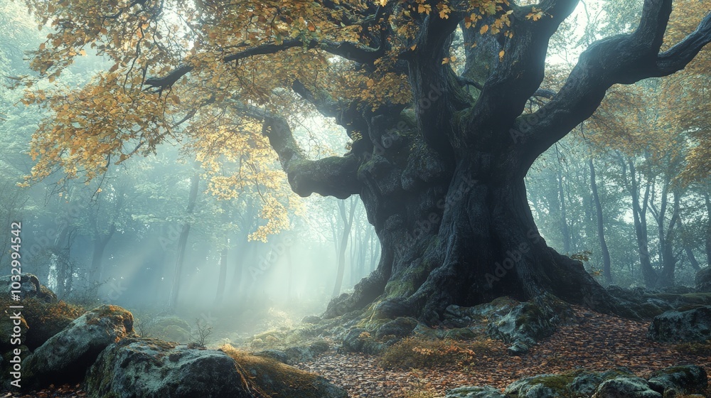 Poster A towering ancient tree with a massive, gnarled trunk, standing in a misty forest