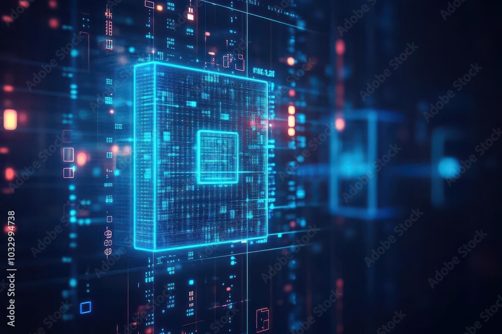 Poster An AI assistant glowing in blue light, securely holding private information in the form of glowing data cubes inside a digital vault