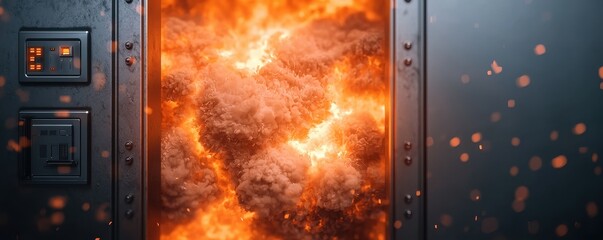 Fototapeta premium A fiery explosion erupts from a metallic structure, illuminating the scene with bright orange and yellow hues, surrounded by swirling particles.