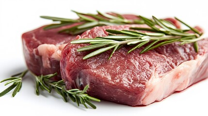 Fototapeta premium raw beef chop and rosemary on white background. 