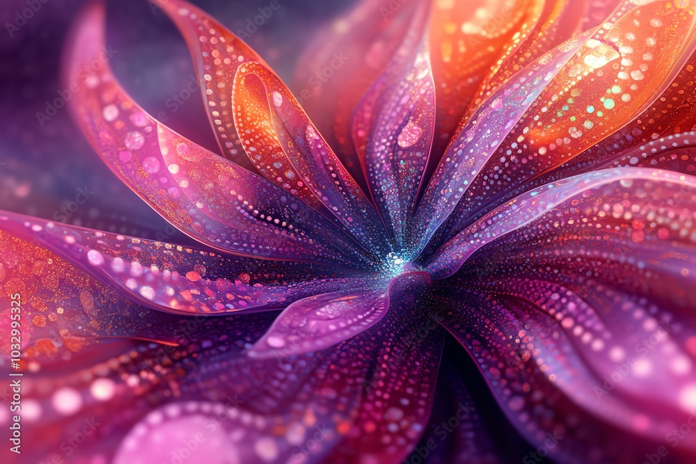 Poster abstract floral pattern with swirling, iridescent petals and a glowing center.