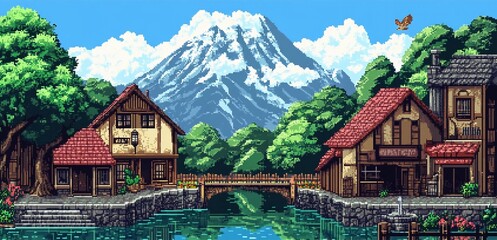 Naklejka premium A 2D Pixel Art RPG Game Level Mountain Village with Bridge, Traditional Houses by a River, and Snowy Mountain in Background in Retro Aesthetic 