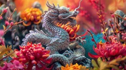 Fototapeta premium A Grey Dragon Statue Amidst Vibrant Red and Yellow Flowers