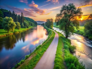 Long Exposure of the Scenic Bikeway Along River Ohre in Ostrava, Czech Republic - Serene Nature, Tranquil Water, Lush Greenery, Cycling Adventure, Urban Escape, Landscape Photography