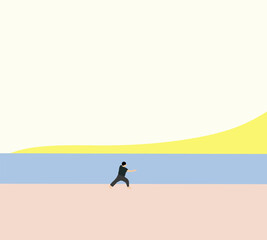 Man practice Tai Chi on the beach. Morning  exercise flexibility, strength and balance. Outdoor activities nature view