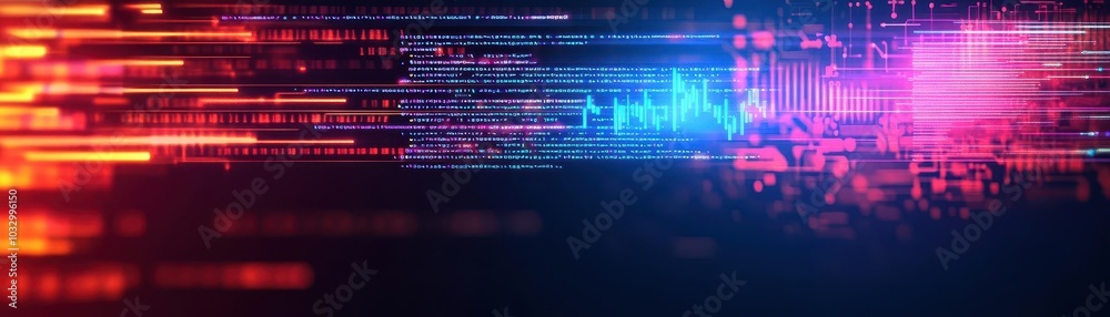Poster Code debugging software, neon coding lines, abstract tech background, dark modern design